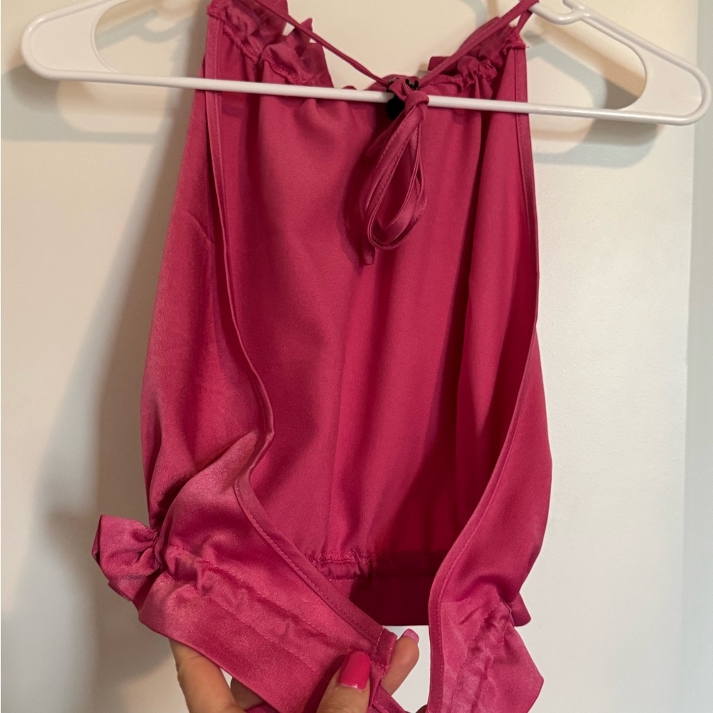 Ruffle Satin Open Back Toe Halter Top - Picture 3 of 14